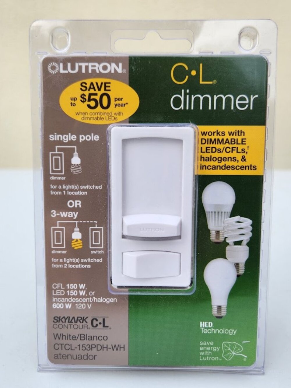 NEW Lutron Skylark Contour LED Dimmer Light Switch 3-Way for Dimmable LED Haloge